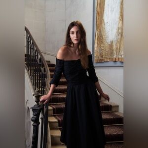 DOROTHEE SCHUMACHER poplin power midi off the shoulder dress in black